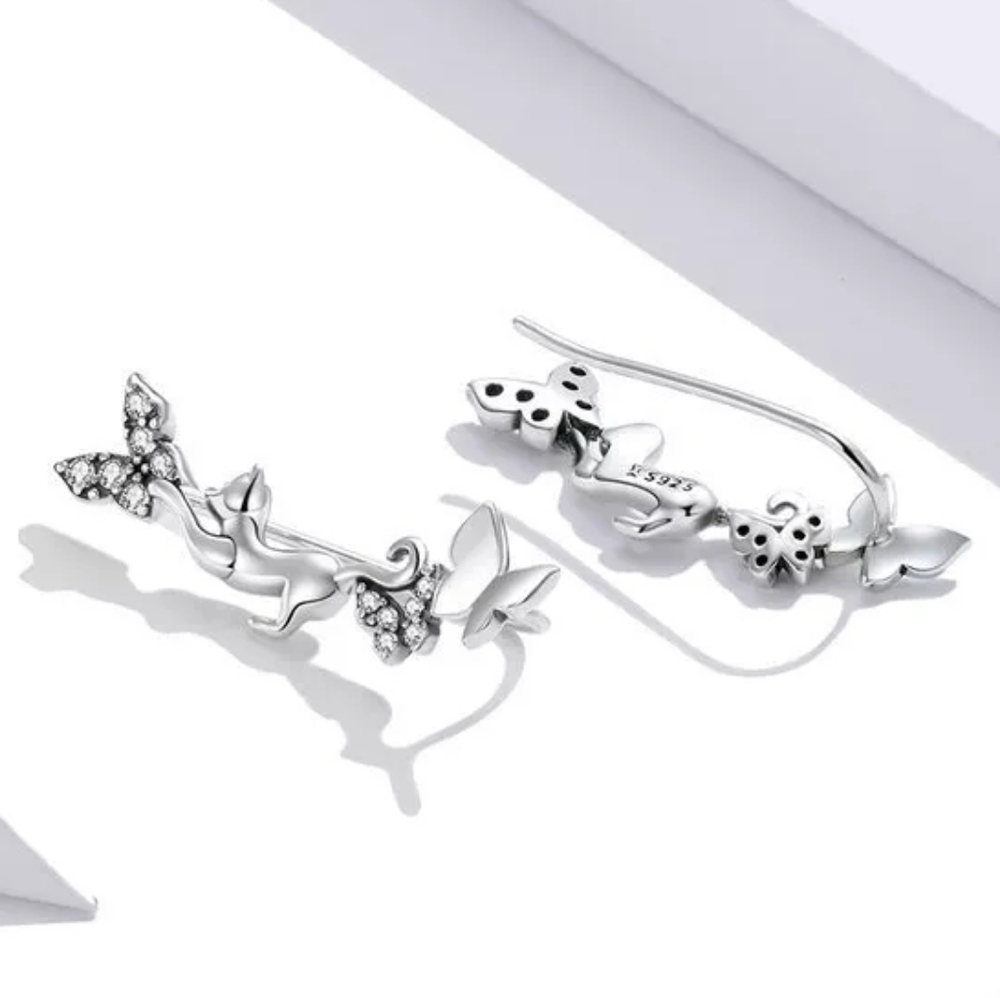 New Silver Cat and Butterfly Earrings